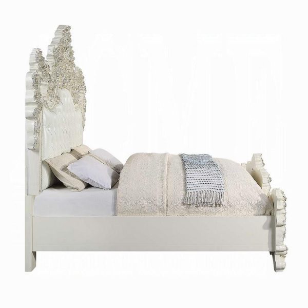 Rox King Size Bed, White Faux Leather Victorian Carved, Vintage White Hot on Sale - Image 4