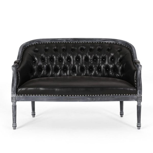 Sofa, 50 Inch, Button Tufted Design, Birch Wood, Black Faux Leather Discount - Image 2