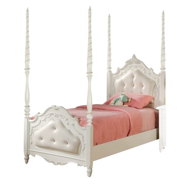 Ziva Full Poster Bed, White Upholstered Arch Headboard, Floral Carving Supply - Image 2