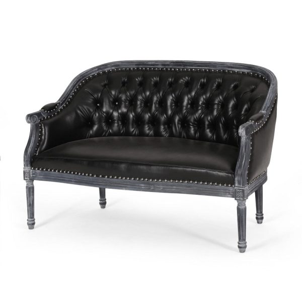Sofa, 50 Inch, Button Tufted Design, Birch Wood, Black Faux Leather Discount
